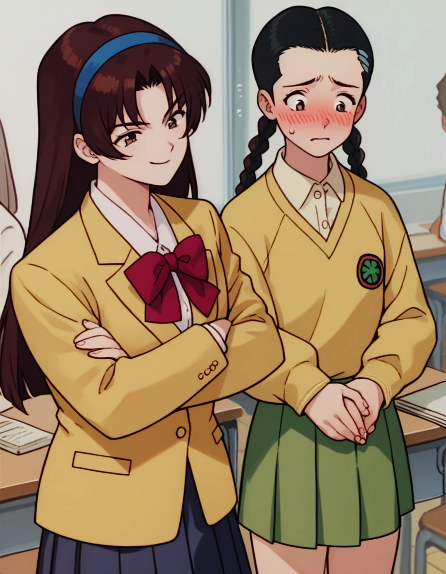 score_9, score_8_up, score_7_up, score_6_up, score_5_up, score_4_up, source_anime,
<lora:golden-boy-ponyxl-000025:0.4>
2girls, classroom
BREAK
katsuda naoko, school uniform, long sleeves, red bow, yellow blazer, blue hairband, smirk, crossed arms
BREAK
okiron, twin braids, yellow sweater, long sleeves, collared shirt, green skirt, pleated skirt, looking down, embarrassed