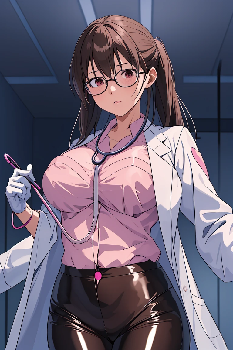 (RAW photo, best quality), 1girl, operating room, overhead surgical light,blurred background, focused,
 <lora:Sayaka Mizukoshi_GT_V1.0-000006:0.8> sayaka mizukoshi,brown_hair,long_hair,brown_eyes,
 <lora:brwn_doctor_uniform:0.8> bwn_doc_unif, blue gloves, pink shirt, labcoat, stethoscope,latex pants,