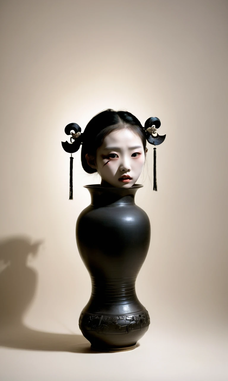 Chinese horror, supernatural, eerie composition, decapitated cute girl head on vase mouth, pale makeup, distraught expression, surreal, ancient Chinese attire, off-white background, minimalistic, mysterious, psychological horror, black vase, cultural horror elements, implied violence, high-quality image, vertical orientation, soft lighting, subtle shadows.,.<lora:Horror_ghost:0.8>,