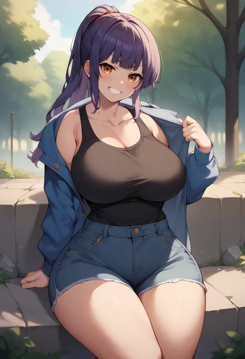 score_9, score_8_up, score_7_up, source_anime, 1girl, solo, park, amber eyes, violet hair, blue jacket, open jacket, black tank top, jean shorts, seated, on a rock, cowboy shot, grin, blush, big breasts, wide hips, thick thighs, blunt bangs, ponytail, <lora:Itou-Life-Style-PonyXL-000038:1>