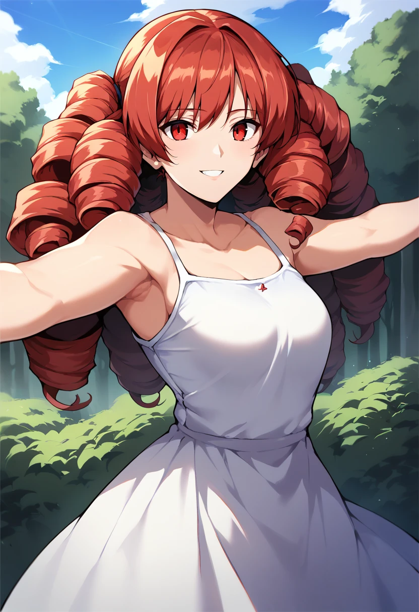 score_9, score_8_up, score_7_up, source_anime, 1girl,red eyes,smile, outdoors, best quality,  red hair, ringlets, outstretched arms, portrait,  white ????????,<lora:Ore-halcon-Style-PonyXL-000034:1>