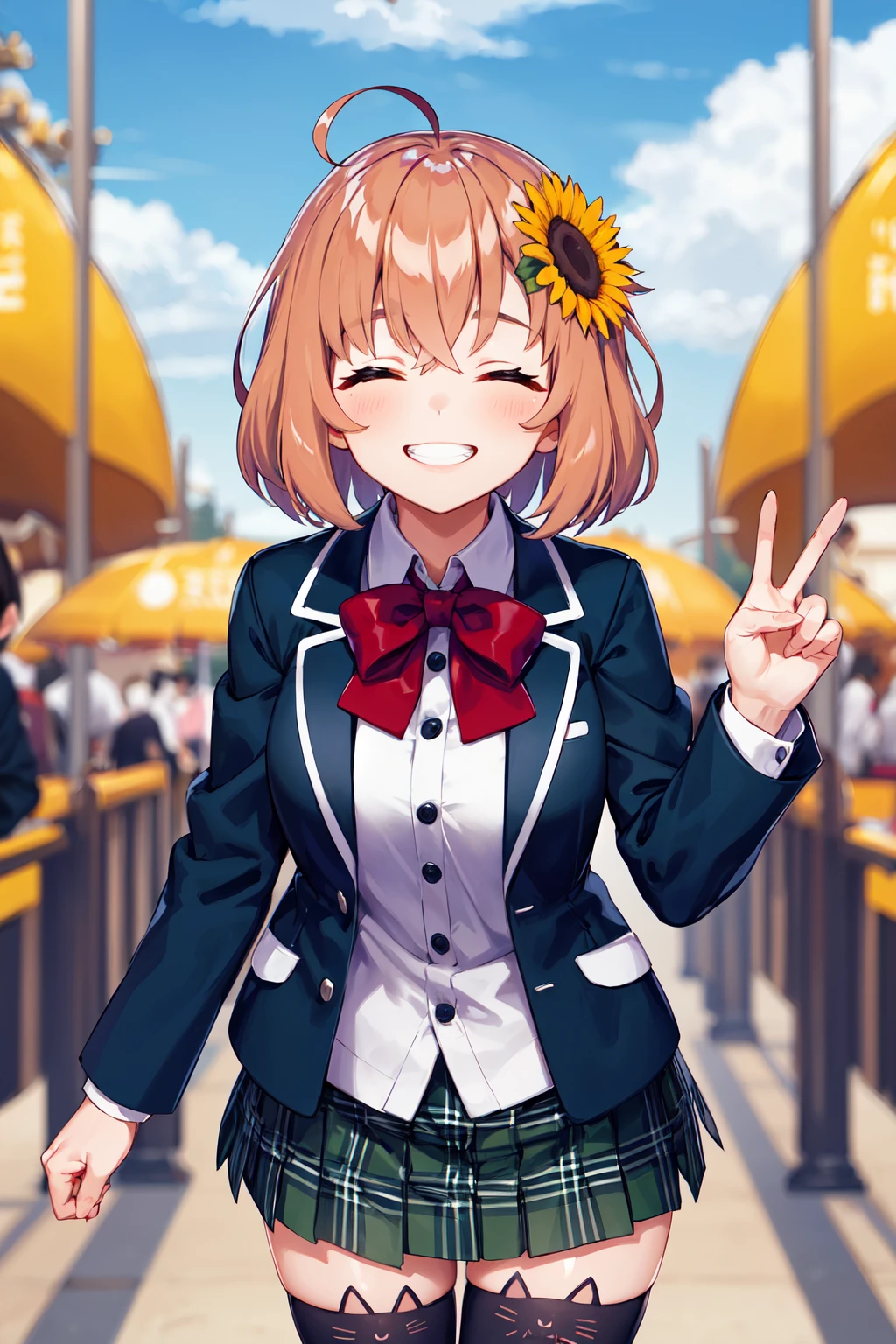 masterpiece, best quality, highres, aahimawari, short hair, ahoge, hair flower, school uniform, red bowtie, collared shirt, blazer, blue jacket, open jacket, long sleeves, plaid skirt, green skirt, black thighhighs, <lora:honma_himawari_v1:0.7>, grin, closed eyes, peace sign, amusement park,