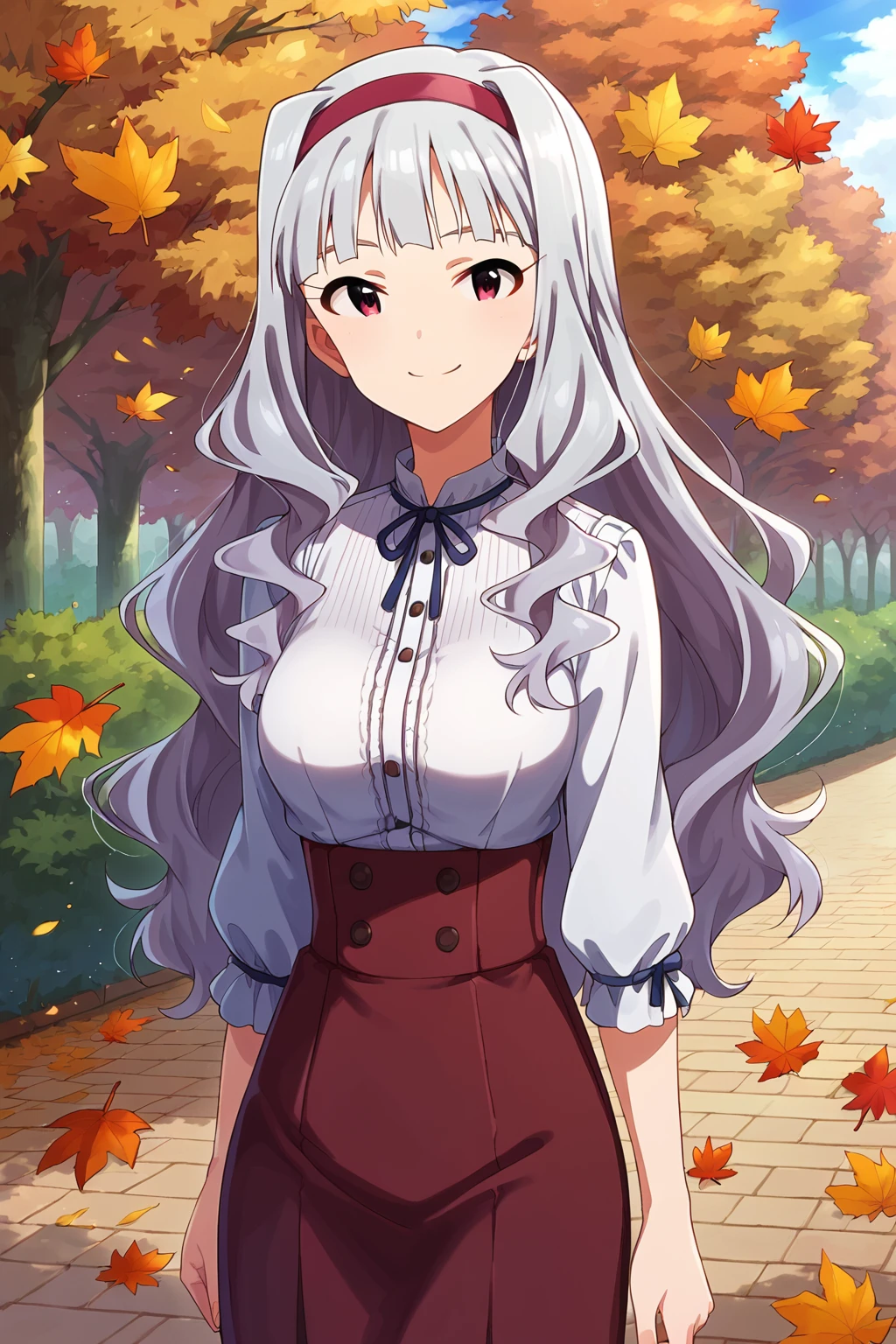 score_9, score_8, aatakane, solo, long hair, hairband, medium breasts, <lora:shijou_takane_XL_v1:0.8>, high-waist skirt, shirt, autumn, smile, cowboy shot,