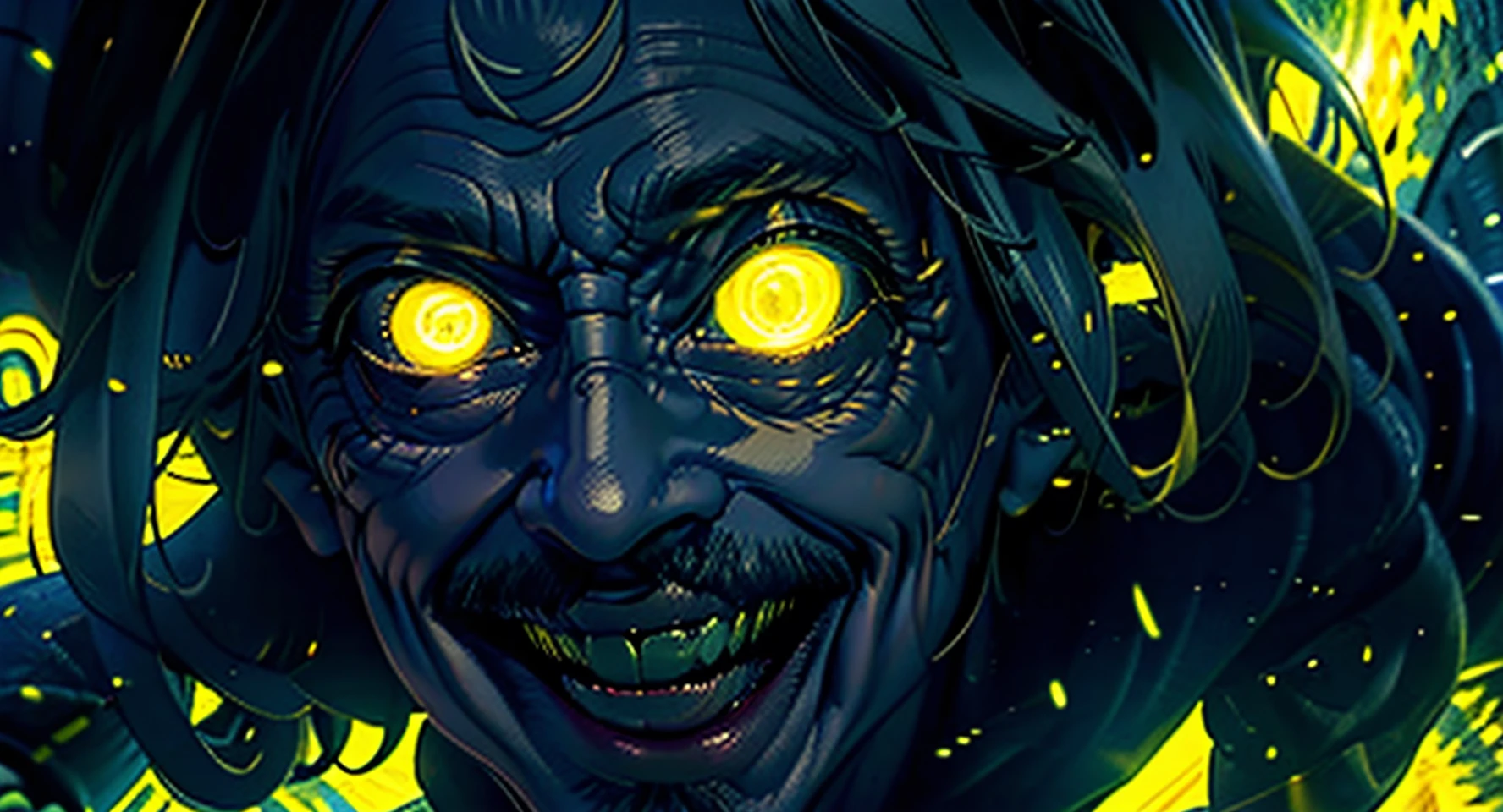 masterpiece,1old man,<lora:DarkerLight2:1>,DarkerLight, 1man,old man,bright yellow glowing eyes, solo, glitch, looking at viewer,grinning