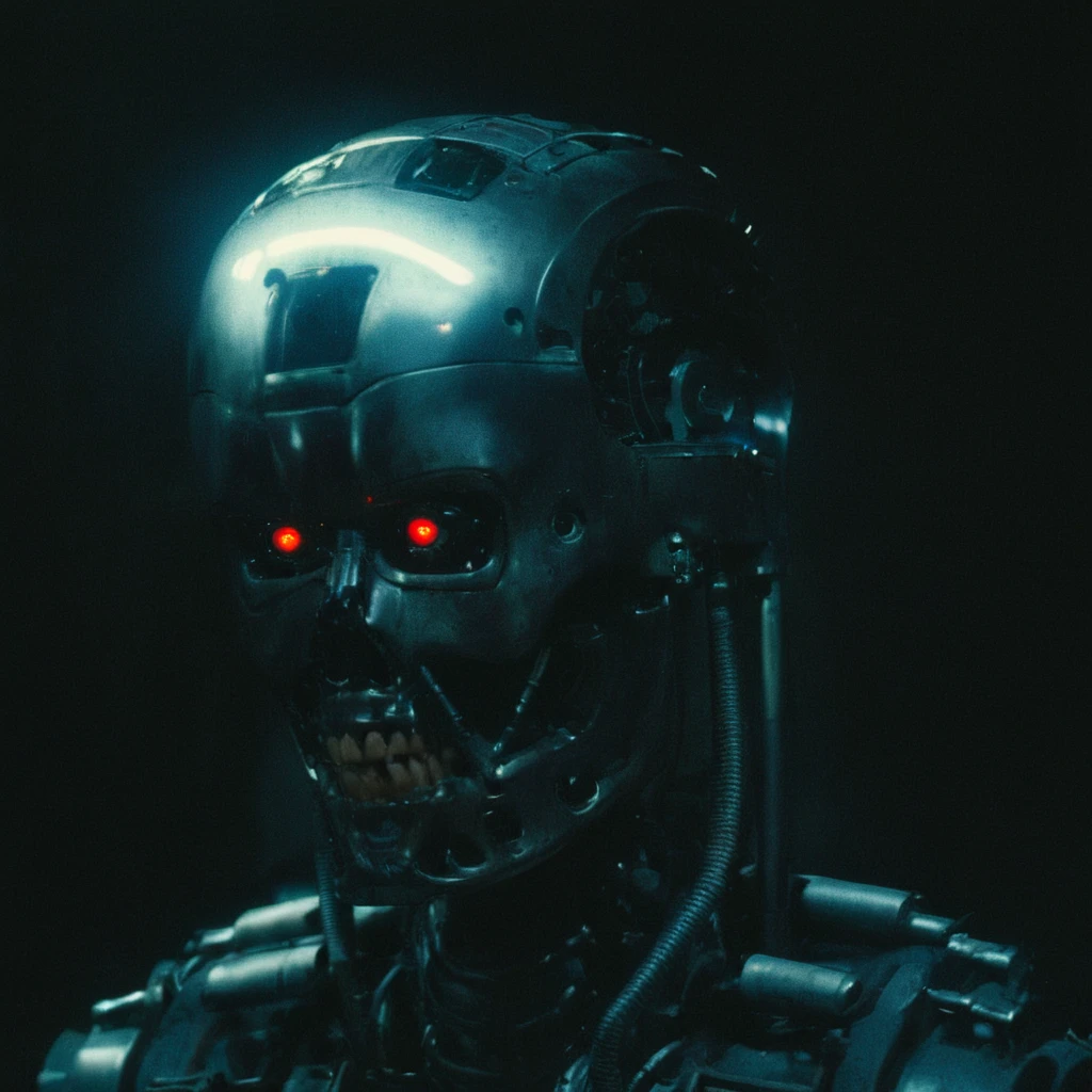 Horror-themed,  <lora:Terminator style:0.9>
In the 1980's Cybernetic Android a close up of a robot with red eyes,solo,looking at viewer,red eyes,1boy,male focus,blurry,mask,glowing,helmet,glowing eyes,close-up,science fiction , horror themed, perfect teeth, dark themed, low key light, dramatic light, dramatic shadow light, contrast, cinematic color, cinematic look, filmic, realistic, realism, perfection, perfect, Kodak, Kodak film, movie still, Terminator style, The Terminator 1984 Film style, Eerie, unsettling, dark, spooky, suspenseful, grim, highly detailed