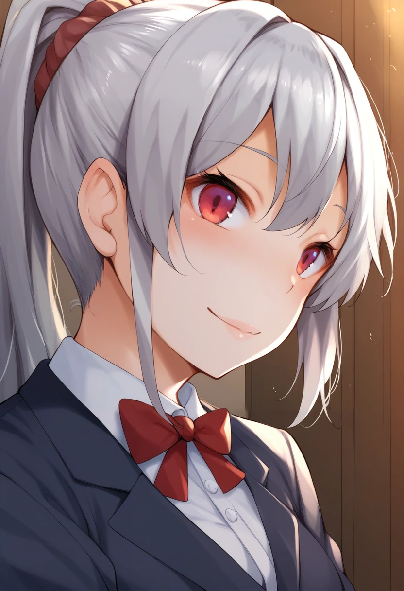 score_9, score_8_up, score_7_up, source_anime, 1girl,red eyes,smile, room, wariza, ponytail,grey hair, portrait, blazer, <lora:Fumihiko-Style-PonyXL-000018:1>