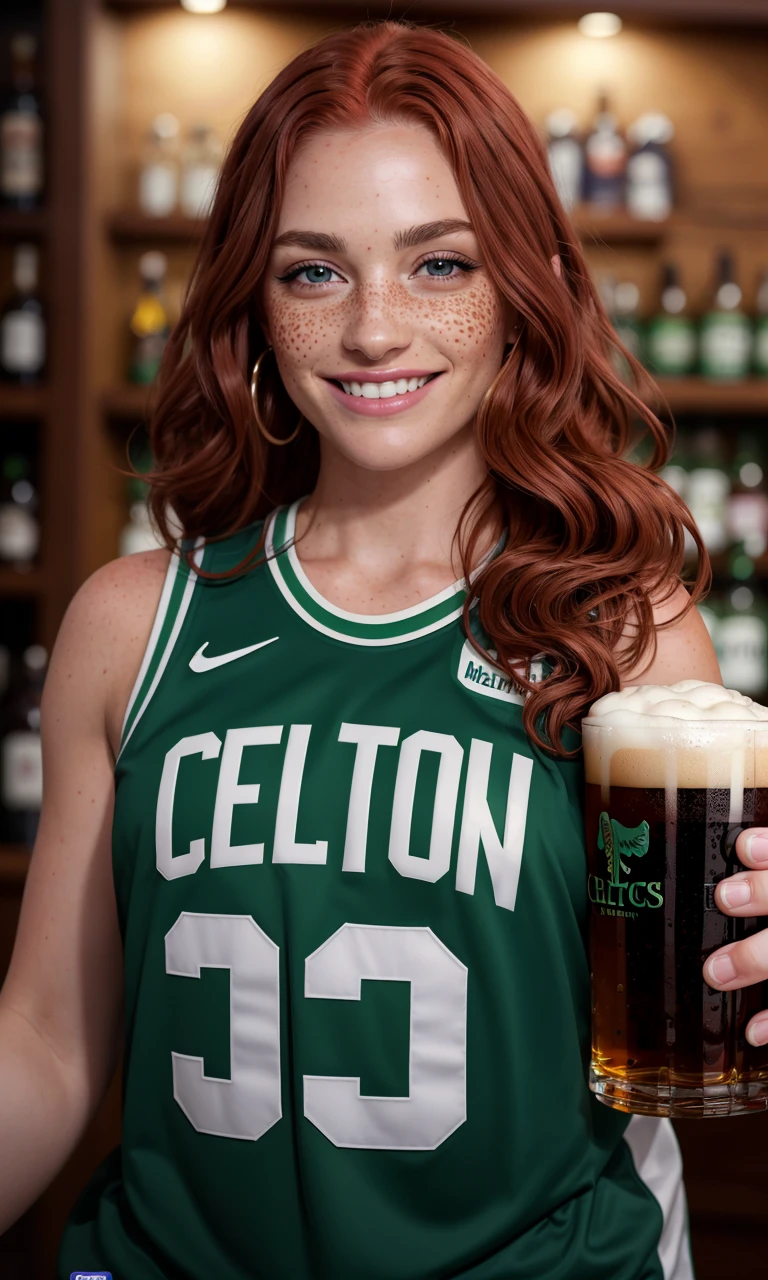 celtnba2024, 1woman, long red hair, using magical powers, 8k, uhd, masterpiece, detailed skin, skin pores, intricate, depth of field, raw image, 5 fingers, best quality, clover, irish pub, drunk, large breasts, Guinness pint, smile, looking at viewer, freckles, supermodel, hazel eyes, Celtics jersey