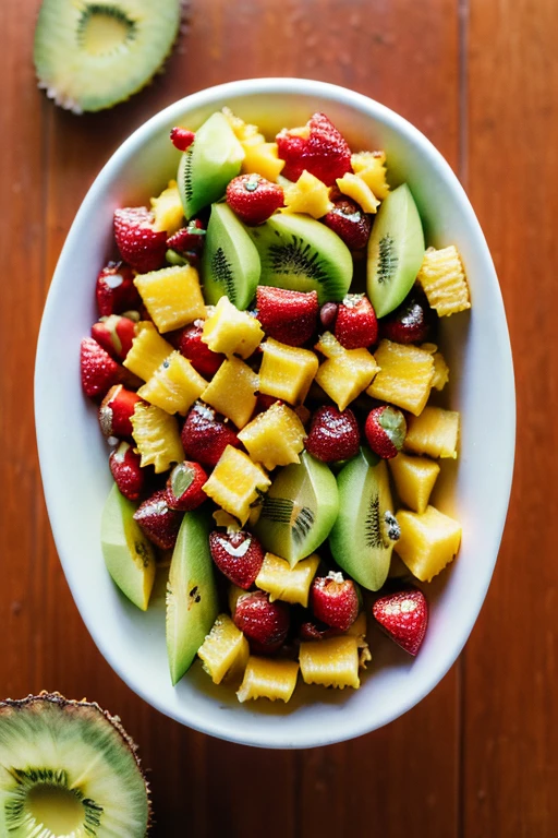 (fresh fruit:1,ripe,healthy:1,scene:1.5,realistic,hdr,photoreal,dish,mockup,scene creator),Fruit Salsa with Cinnamon Chips: A vibrant salsa made with diced mangoes, pineapples, strawberries, and kiwi, served with crispy cinnamon-sugar tortilla chips