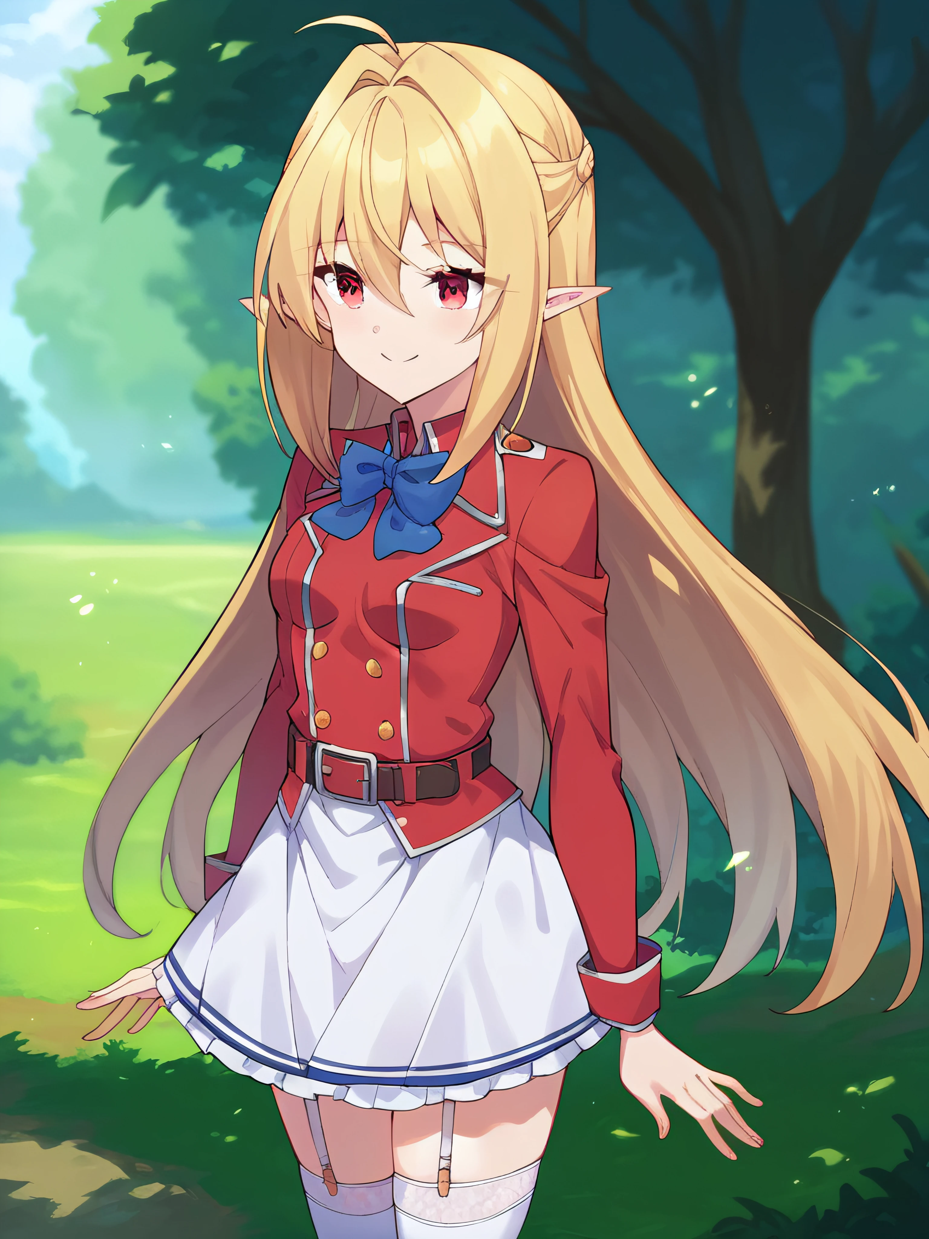 score_9, score_8_up, score_7_up, score_6_up, rating_explicit, anime_source, (perfect hands:1.2), ( perfect anatomy:1.4), cinematic shadow, cinematic light, cute and sensitive, (soft skin:1.2), characters focus, detailed eyes, detailed skins, <lora:add-detail-xl:0.7> , <lora:DetailedEyes_V3:1>, <lora:terakomari:1>terakomari, blonde hair, bangs, hair between eyes, hair intakes, red eyes, very long hair, small breasts, white thighhighs, bow, garter straps, boots, blue bow, cowboy shot, belt,skirt, bowtie, long sleeves, blue bowtie, red jacket, zettai ryouiki, white skirt,pointy ears, standing, , outdoors, arms at sides, smile,