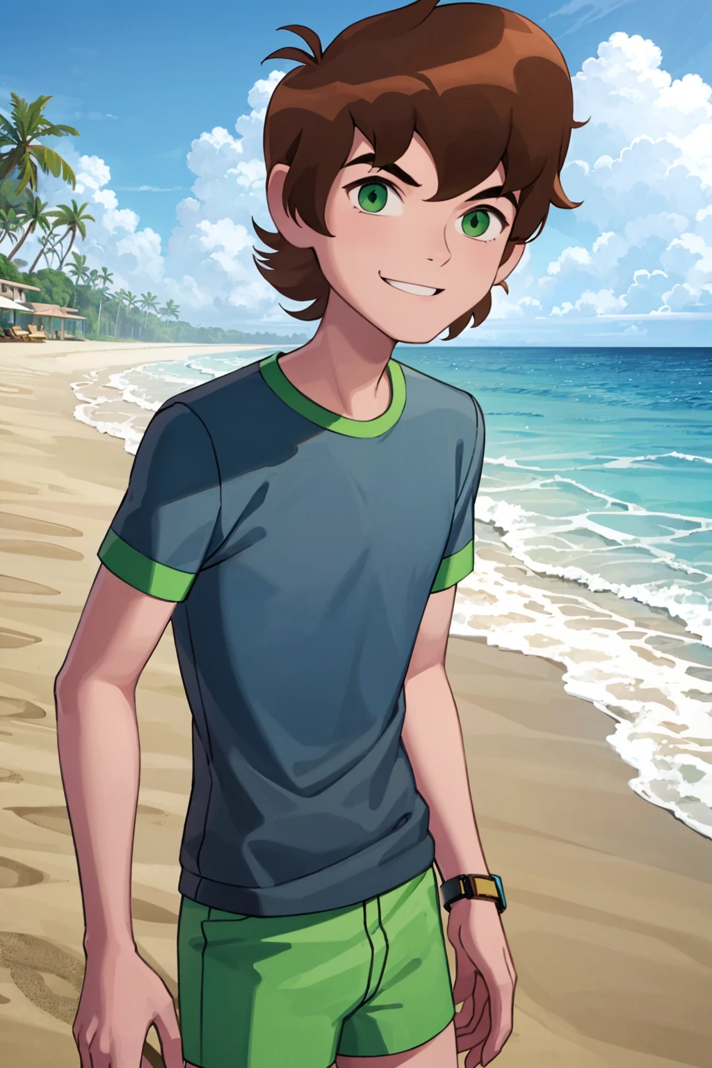 Ben_tennyson,solo,wears,shirt,t shirt,blue shirt,beach,shorts,looking at viewer,blue sky,brown hair,green eyes,smile