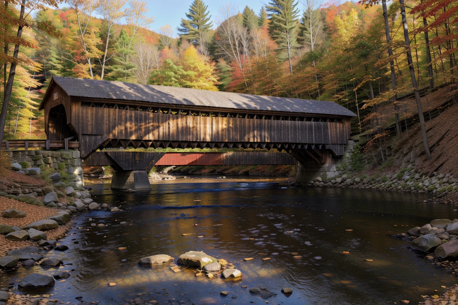 <lora:Wolvie_n3br1dg3s_v1.1:0.8> n3br1dg3s, covered bridge, river cross view, wooden sides, autumn, fall colors, masterpiece, best quality, high resolution, perfect composition, ultra sharp, perfect shadows, highly detailed, photorealistic, high realism, ultra highly detailed, 32k, fantastic realism, complex background, dynamic lighting, intricate details, textured