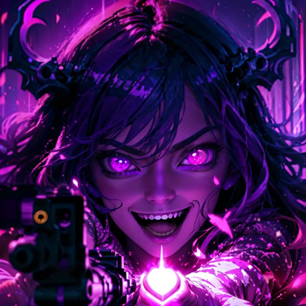 masterpiece,absurd resolution,8k,1girl,solo,long hair,looking at viewer,smile,open mouth,bangs,hair ornament,holding,hair between eyes,purple eyes,upper body,weapon,purple hair,heart,teeth,pink eyes,holding weapon,gun,holding gun with both hands,handgun,crossed bangs,aiming at viewer
<lora:DarkerLight2:1>,DarkerLight