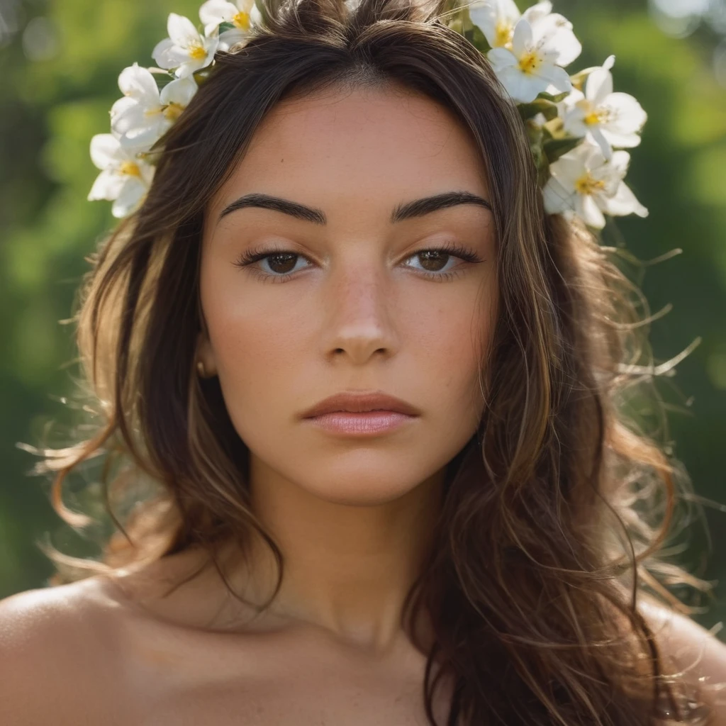 Skin texture, no makeup, Super high res closeup portrait photo of an pretty woman outdoors with long slightly wavy hair, decorative flowers in her hair,f /2.8, Canon, 85mm,cinematic, high quality,looking at the viewer, <lora:gabmoura_xl_1_standard_wo_cap-000083:1>