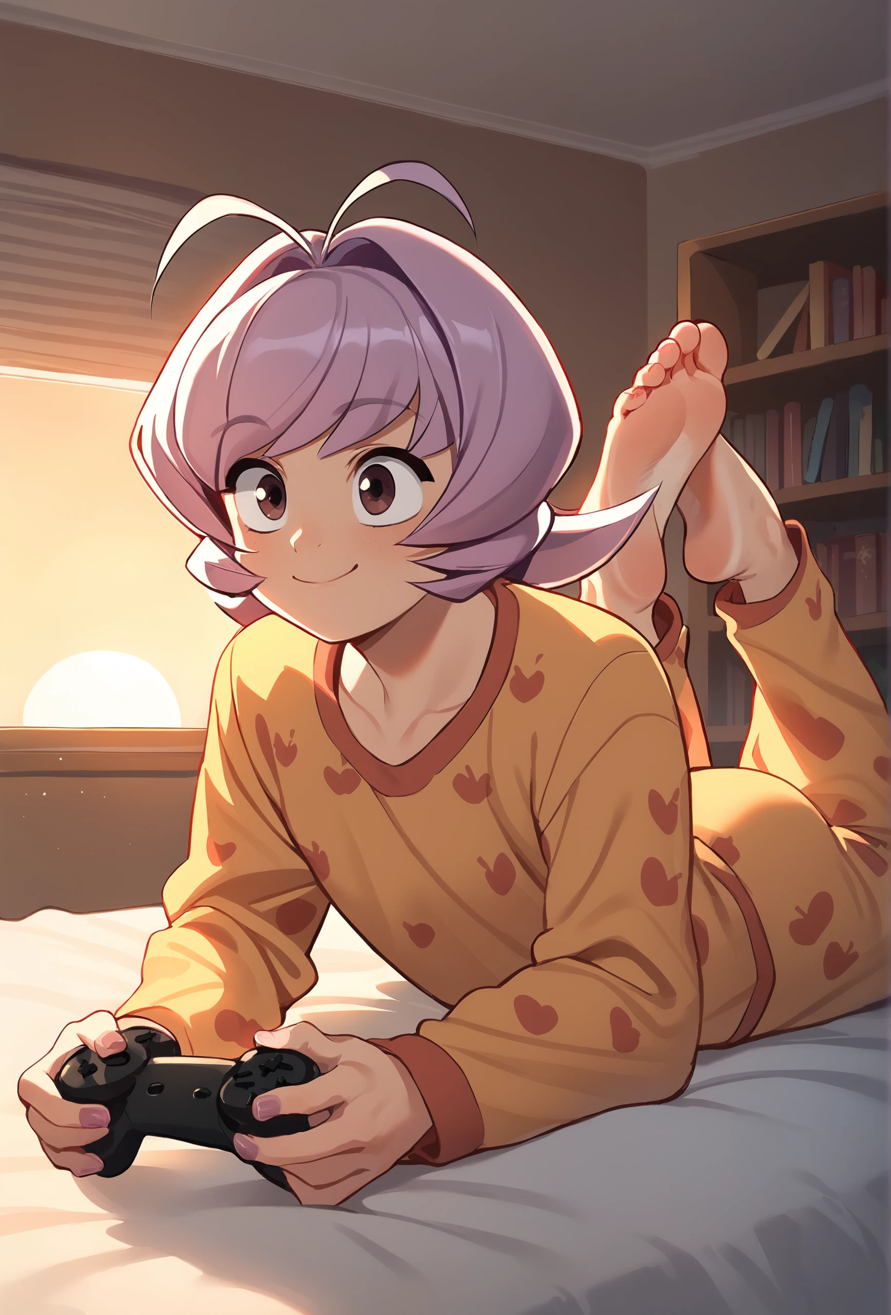 score_9, score_8_up, score_7_up, score_6_up, score_5_up, score_4_up, indoors, bedroom, sunset, evening, bookshelf, bed BREAK
 <lora:osana_najimi_ponyxl_resized:1>osananajimi, 1other, androgynous, solo, on stomach, feet up, feet, pajamas, game controller, smile <lora:Styles for Pony Diffusion V6 XL (Smooth Anime 2):1>