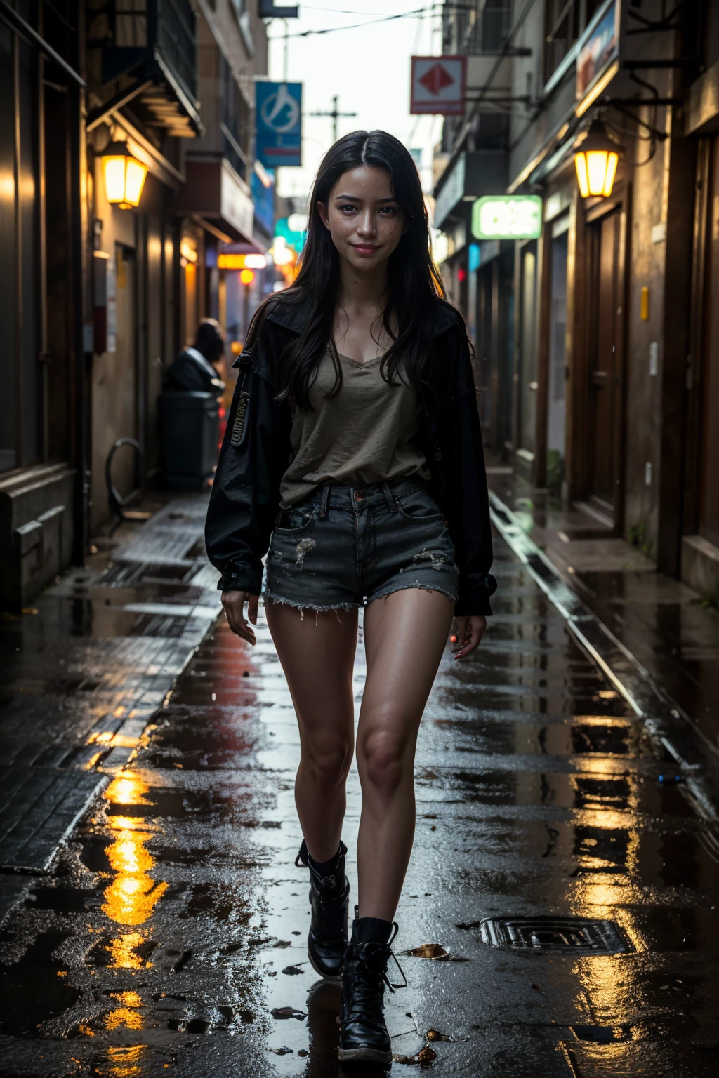 ((ultra detailed, masterpiece, absurdres))
<lora:TWDRosita:0.9>
TWDRosita, long hair, black hair, brown eyes, smile, Dark alley with neon signs, rain-soaked pavement, dynamic lighting, edgy urban atmosphere