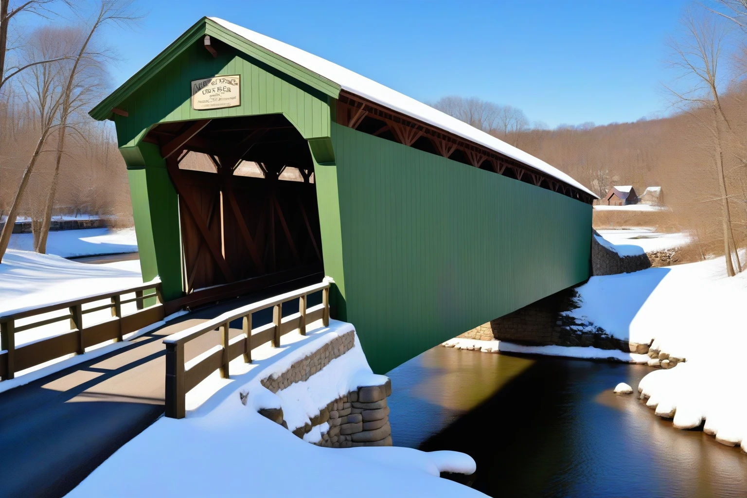 <lora:Wolvie_n3br1dg3s_v1.1:1> n3br1dg3s, covered bridge, river cross view, painted green, town, snow, winter, masterpiece, best quality, high resolution, perfect composition, ultra sharp, perfect shadows, highly detailed, photorealistic, high realism, ultra highly detailed, 32k, fantastic realism, complex background, dynamic lighting, intricate details, textured