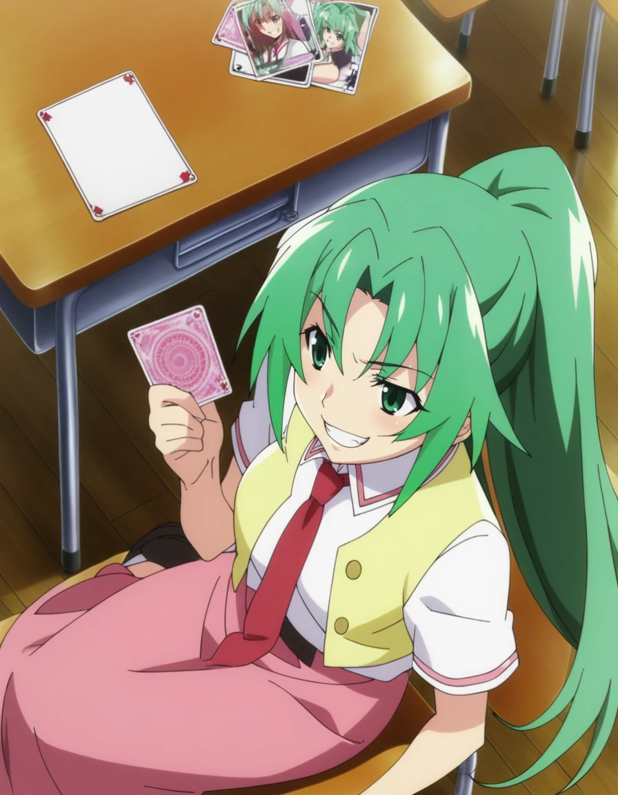 score_9,score_8_up,score_7_up,masterpiece,best quality,absurdres,official art,official style,source_anime,uncensored,game cg,megami magazine,anime screencap,
1girl,solo,
<lora:sonozakimionXL3pony:0.8>,sonozakimion,
green eyes,green hair,long hair,ponytail,
red necktie,vest,red long skirt,
grin,
classroom,
sitting,
card game,hold card,table,
from above,