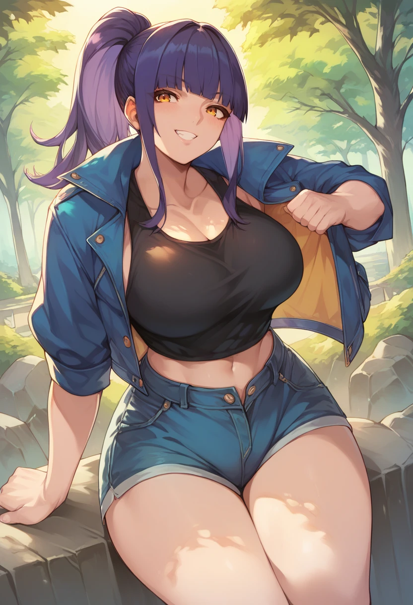 score_9, score_8_up, score_7_up, source_anime, 1girl, solo, park, amber eyes, violet hair, blue jacket, open jacket, black tank top, jean shorts, seated, on a rock, cowboy shot, grin, blush,  big breasts, wide hips, thick thighs, blunt bangs, ponytail,  <lora:Ohland-Style-PonyXL-000040:1>