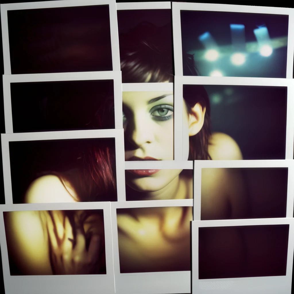 poluzzle close up naked girl in night club, polaroid photos  on the table, cinematic, dark atmosphere <lora:poluzzle:1>