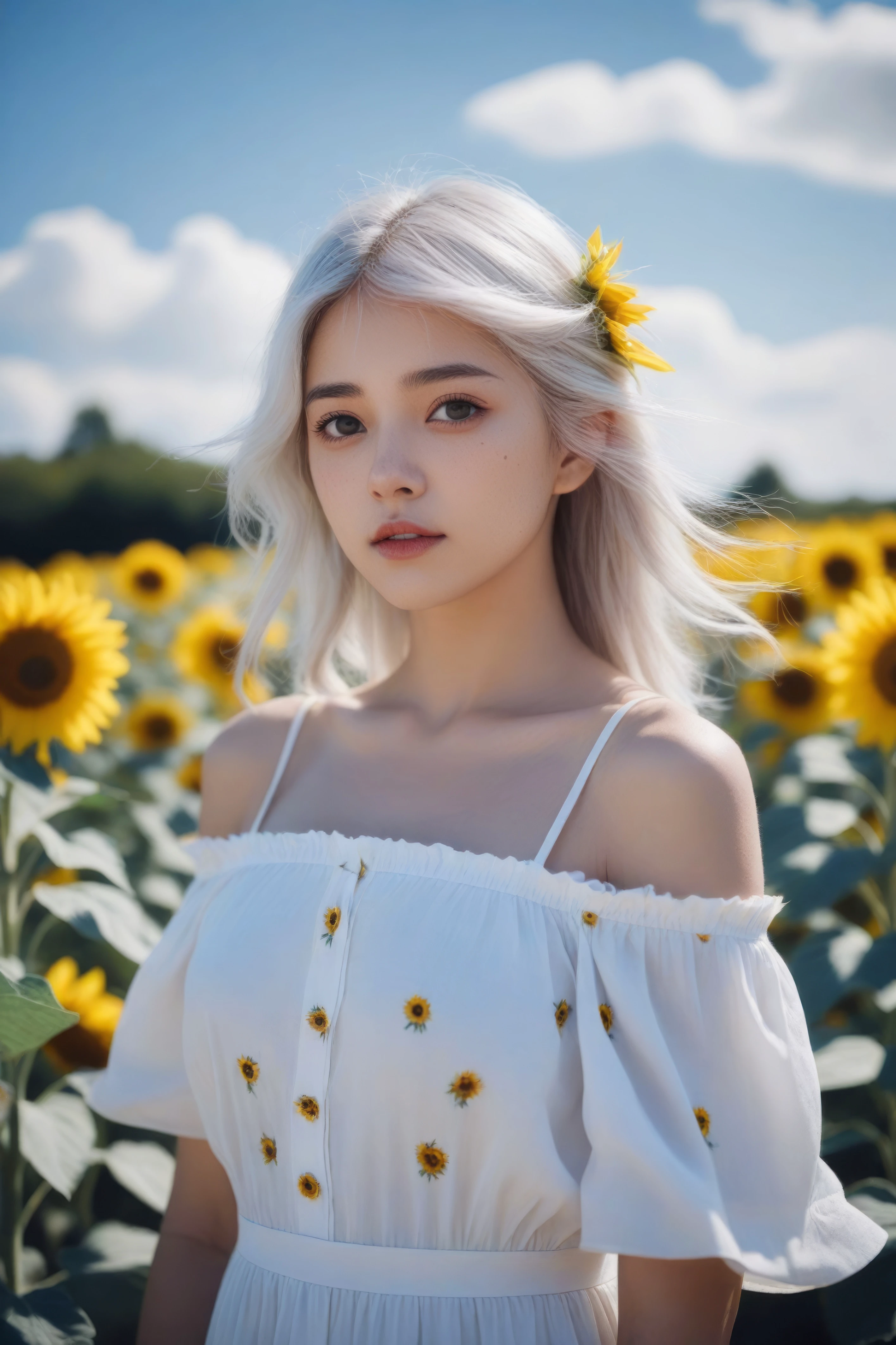 1girl, sunflower, flower, solo, long hair, outdoors, sky, looking at viewer, cloud, off-shoulder dress, bangs, upper body, yellow flower, white hair, bare shoulders, day, blue sky, flower field, white dress, closed mouth, animal ear fluff, yellow eyes, field, off-shoulder shirt, cloudy sky, short sleeves, ribbon