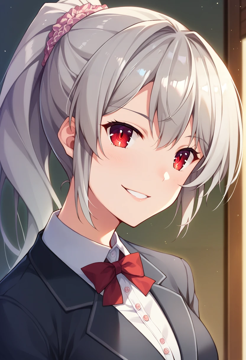 score_9, score_8_up, score_7_up, source_anime, 1girl,red eyes,smile, room, wariza, ponytail,grey hair, portrait, blazer,  <lora:Hinata-Nao-Style-PonyXL-000046:1>