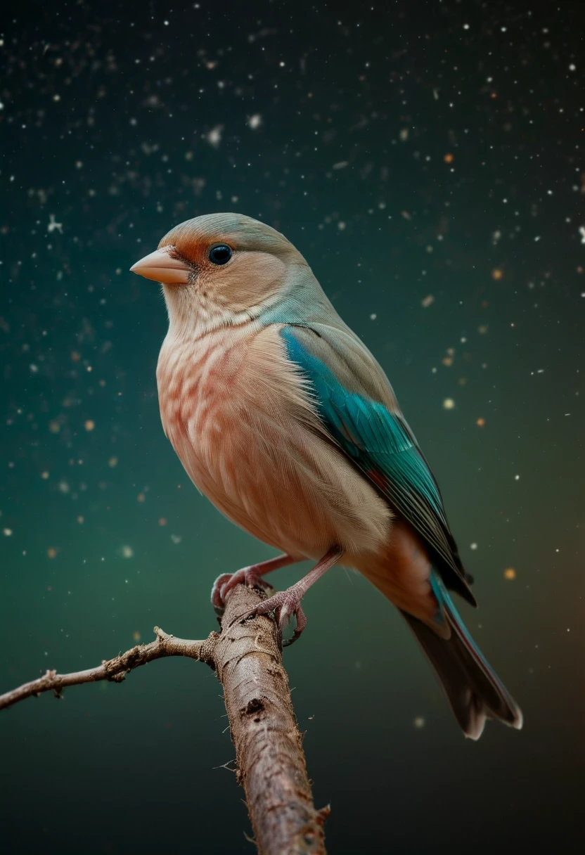 photograph, Ugly Teal, Coral and Beige Finch, Stars in the sky, Dark, Darkcore, Fast Shutter Speed, Canon R5, 35mm, extremely detailed CG Unity 8k wallpaper, 64K, photorealism, photo, dark realism