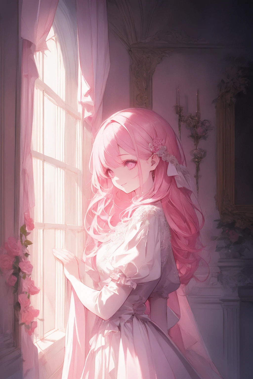 absurdres, elaborate, softly illustration, softly atmosphere, softly color pencil illustration, hyper quality, hyper detailed, (1 Very Cute Girl:1.3), solo, pink hair, light smile, beautiful pink eyes