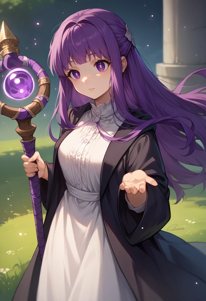 score_9, score_8_up, source_anime, 1girl, solo, FernBase, purple eyes, purple hair, long hair, half updo, hair ornament, white dress, collared dress, black robe, holding staff, magic, standing, outdoors, light particles,<lora:CHAR-FernPonyXL:1>