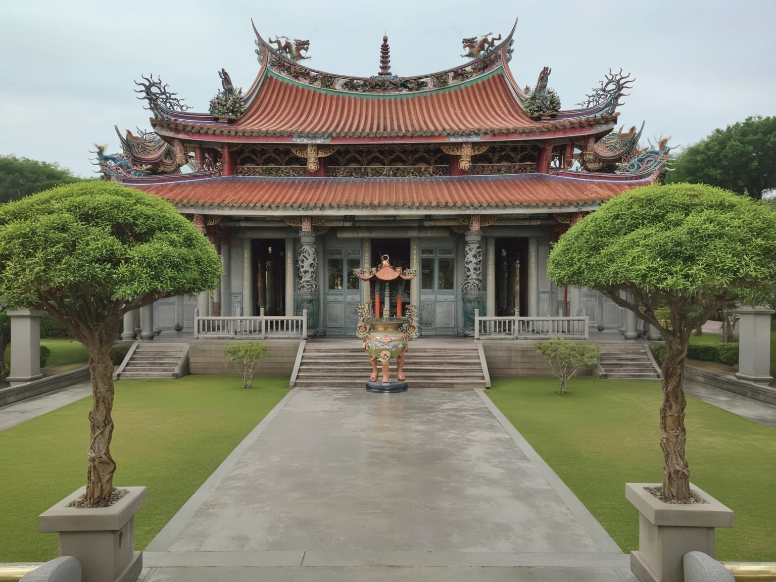 <lora:JJsTaiwanese_Temple_XL:1>, ((Taiwanese Temple)), masterpiece, best quality, scenery, outdoors, building, tree, stair, real world location, grass, bush, door, window, roof, walkway ,dawn, day,water, statue, subject, high quality, column, people perspective, dramatic lighting,