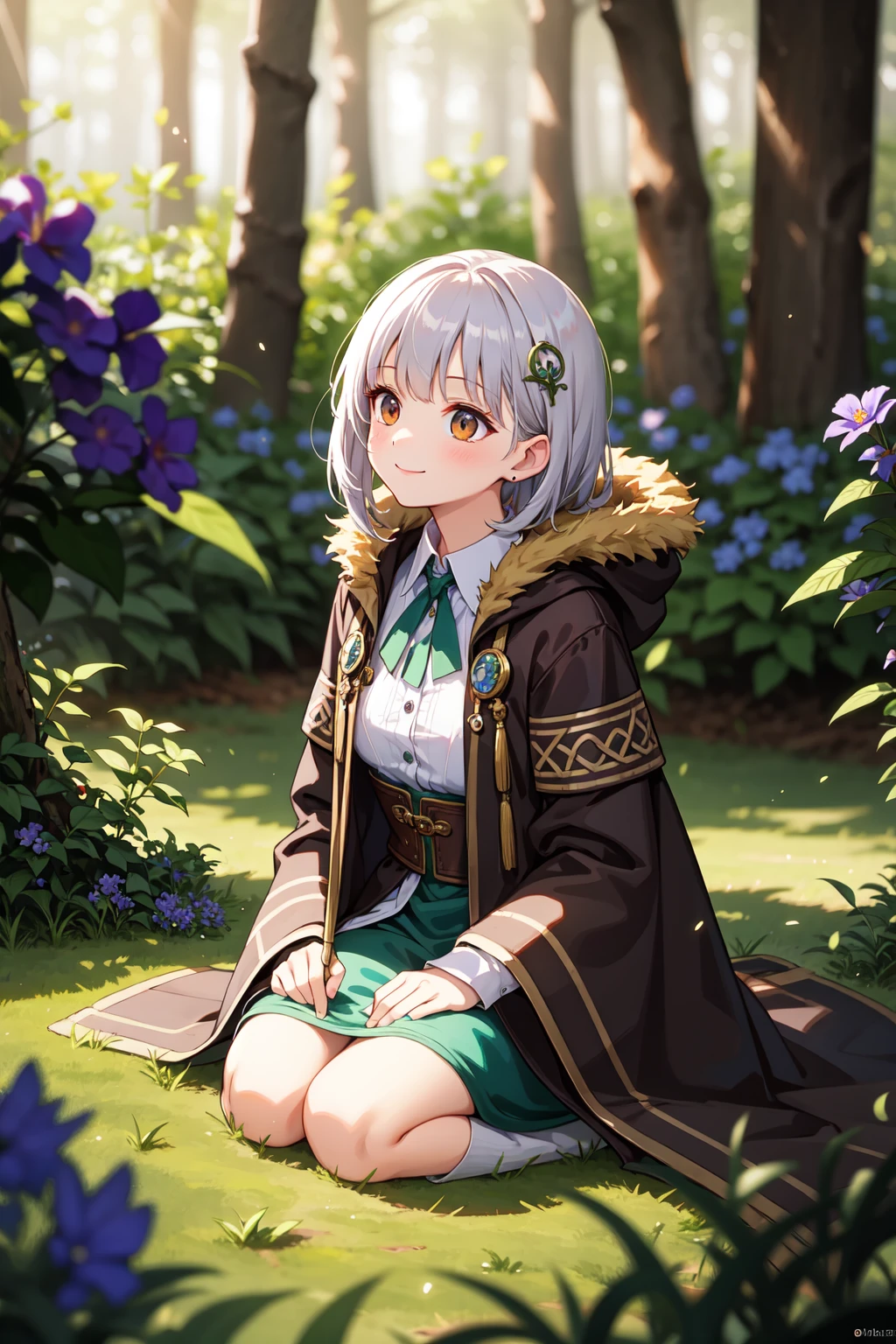 (best quality:1.4), amazing intricate, 1 girl, adult (elven:0.7) woman, silver eyes, copper wedge cut hair, brown, silver, focus on character portrait, solo, (full body:0.6), looking up, detailed background, detailed face, (CeltPunkAI, celtic theme:1.1), warm smile, druid, wearing natural colored brown robes, hood, fur-lined, druid staff, sitting, restoration spell, magic, green mystical lights, nature magic, floating particles, moss, vines, roots, golden hour flowers, bluebells, bushes, rays of light, bloom, hills in background, ethereal peaceful atmosphere, earth tones, medium brown, textured hair, german, steampunkai, steampunk, Cinematic lighting, (Blurred background:1.4)