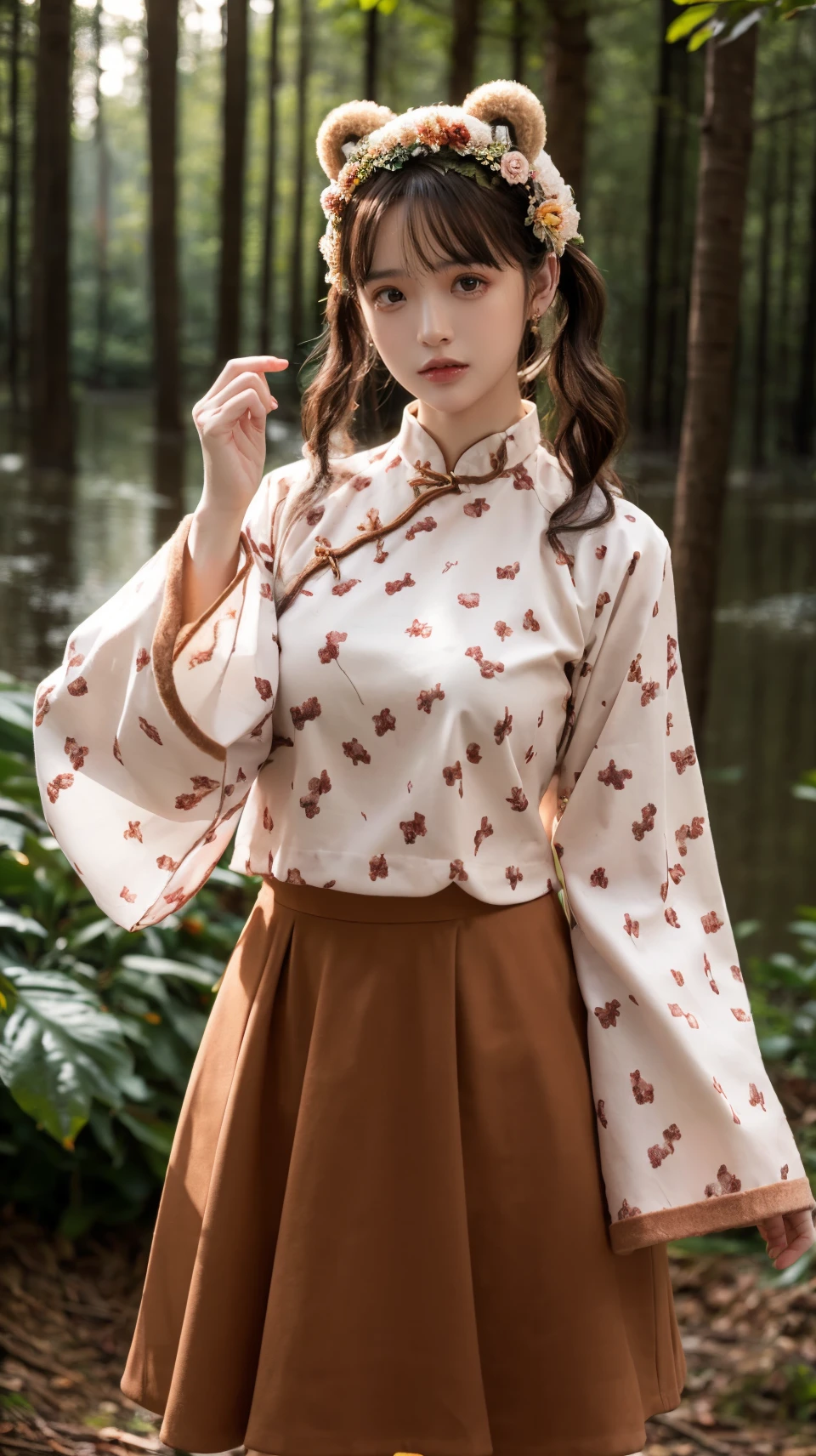 best quality,HDR,UHD,8K,Vivid Colors,solo,photo_,(1girl:1.3),(standing:1.3),(looking at viewer:1.4),Elegant,detailed gorgeous face,(upper body:1.2),bright,(forest background:1.2),(pale skin:1.4),<lora:Twinkle9:0.75>,Twinkle,chinese clothes,bear ears,wide sleeves,sweet print,brown skirt,<lora:Background Detail Enhanced_Si_v3.0:1.5>,