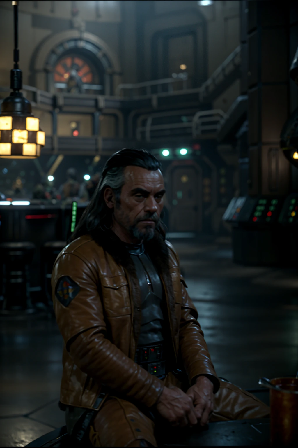 RAW photo of a man in a fur lined leather jacket sitting at a table <lora:T4l0nK44rd3:1>, background star wars, no people, no humans, environment only, indoors, cantina, bar, dark, <lora:starwars:.75>