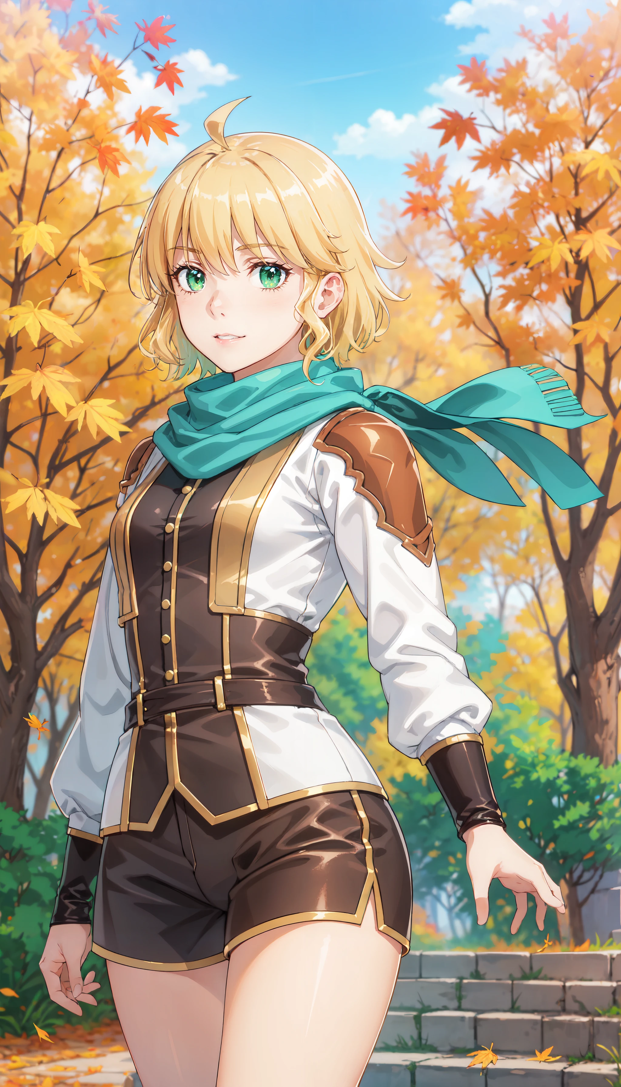 photorealistic, (4k), depth of field, (Masterpiece), (realistic skin texture), extremely detailed, intricate, hyper detailed, professional photography, bokeh, high resolution, sharp detail, best quality, girl, short hair, blonde hair, ahoge, green eyes, teal scarf, white shirt, long sleeves, shorts, <lora:GoodHands-vanilla:0.4>, <lora:detail_slider_v4:0.8> , dynamic pose, (feminine pose), <lora:Yuno Rembrandt:0.8> , autumn leaves, autumn leaves, fall colors, forest, outdoors, wind,