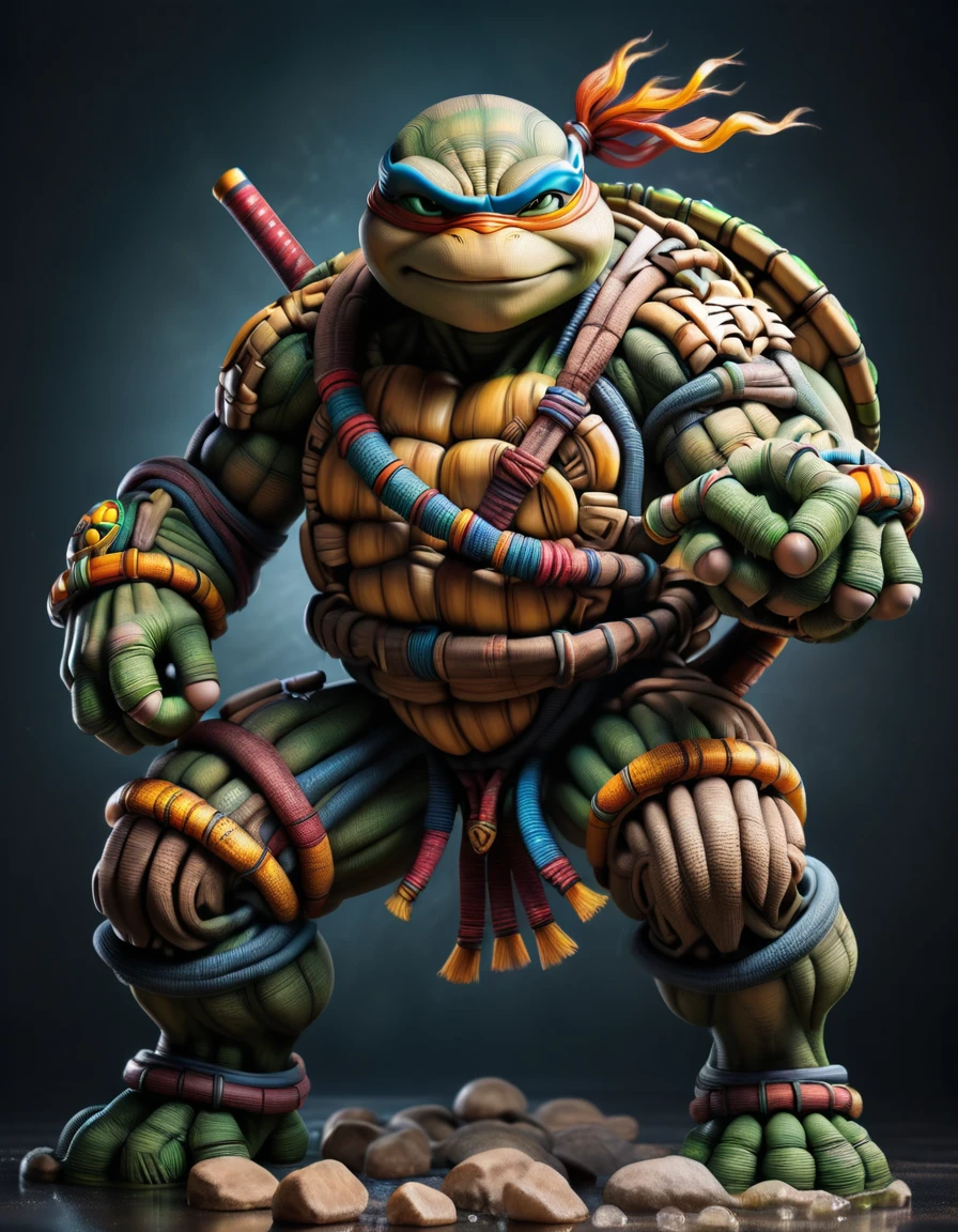 Muscular, teenage ninja turtle, in an imposing position, with a dark background, but with vibrant colors on its body. decorated with amber accents, masterpiece of art, visually stunning, intricate details, sharp focus, 55mm f/ 1.8 lens, depth of field, natural daylight <lora:ral-watrho:1> ral-watrho