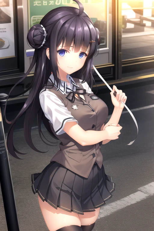 ((masterpiece)),(best quality),official art,extremely detailed CG,unity 8k wallpaper,ultra detailed,beautiful detailed eyes,extremely detailed face,outdoors,1girl,solo,cowboy shot,looking at viewer,facing viewer,smile,Wen Zhi,ahoge,very long hair,black hair,hair ornament,single hair bun,single side bun,bangs,blue eyes,brown vest,neck ribbon,black ribbon,collared shirt,white shirt,short sleeves,large breasts,miniskirt,black skirt,pleated skirt,zettai ryouiki,black thighhighs,loafers,<lora:Wen Zhi(shtl):0.9>,