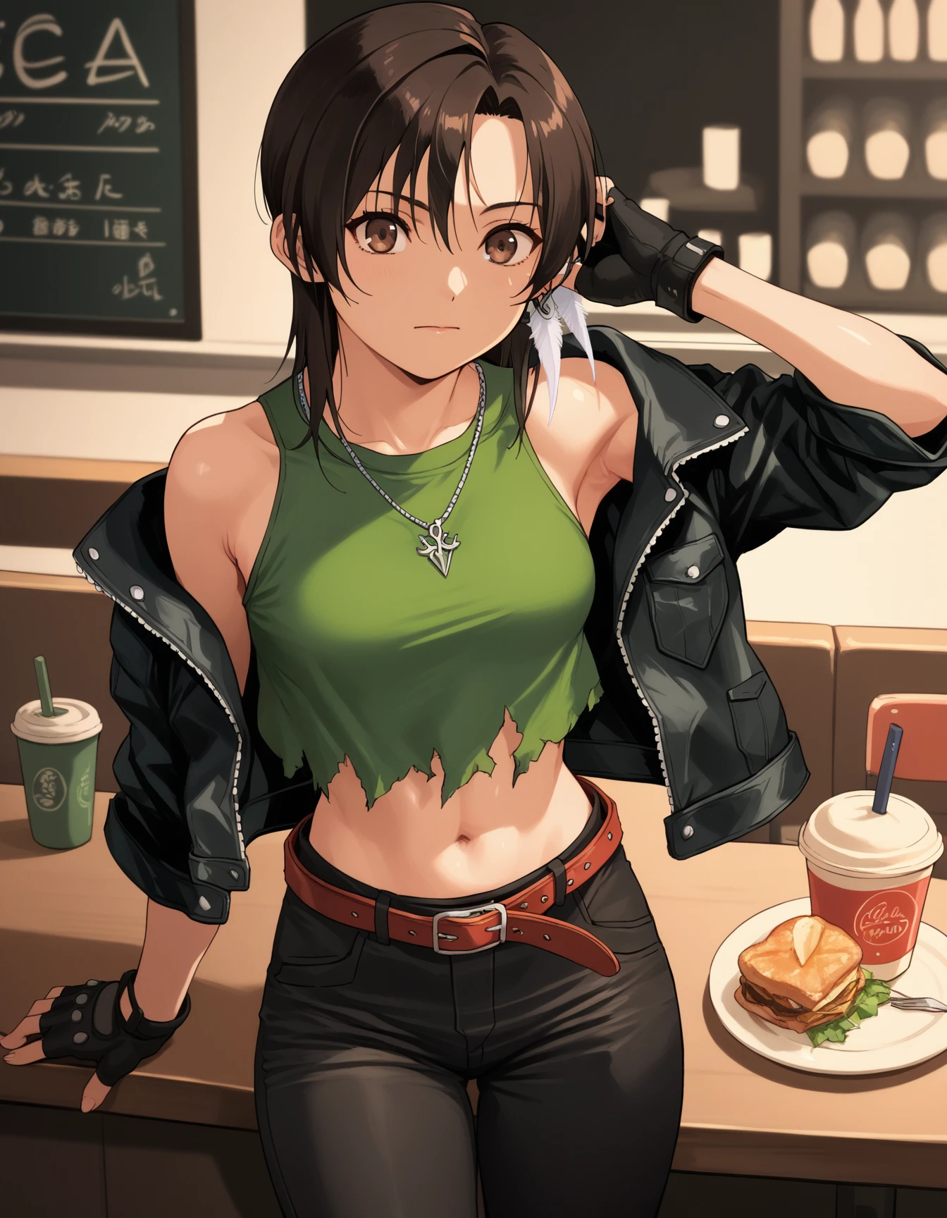 score_9, score_8_up, score_7_up, score_6_up, score_5_up, score_4_up, source_anime,
<lora:exd-lisa-ponyxl-000020:1>
exdlsa, brown eyes, necklace, feather earrings, fingerless gloves, torn shirt, green tank top, leather jacket, midriff, belt, pants, crop top,
1girl, cafe, relaxing, lively atmosphere