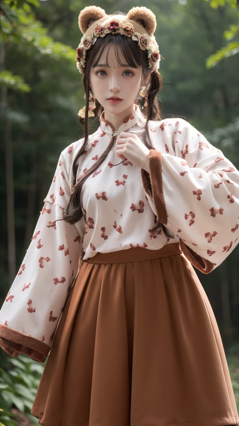 best quality,HDR,UHD,8K,Vivid Colors,solo,photo_,(1girl:1.3),(standing:1.3),(looking at viewer:1.4),Elegant,detailed gorgeous face,(upper body:1.2),bright,(forest background:1.2),(pale skin:1.4),<lora:Twinkle9:0.75>,Twinkle,chinese clothes,bear ears,wide sleeves,sweet print,brown skirt,<lora:Background Detail Enhanced_Si_v3.0:1.5>,