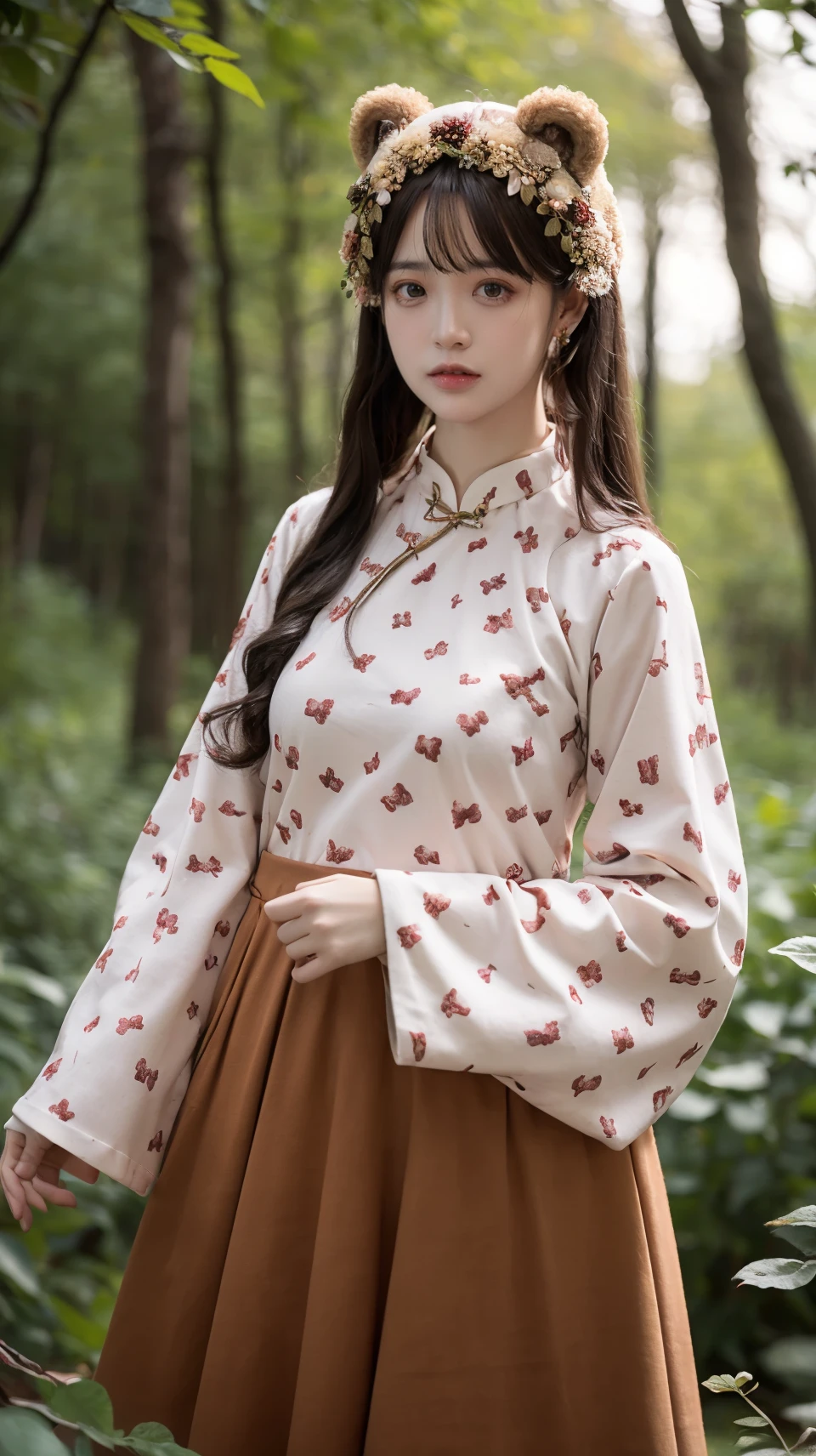 best quality,HDR,UHD,8K,Vivid Colors,solo,photo_,(1girl:1.3),(standing:1.3),(looking at viewer:1.4),Elegant,detailed gorgeous face,(upper body:1.2),bright,(forest background:1.2),(pale skin:1.4),<lora:Twinkle9:0.75>,Twinkle,chinese clothes,bear ears,wide sleeves,sweet print,brown skirt,<lora:Background Detail Enhanced_Si_v3.0:1.5>,
