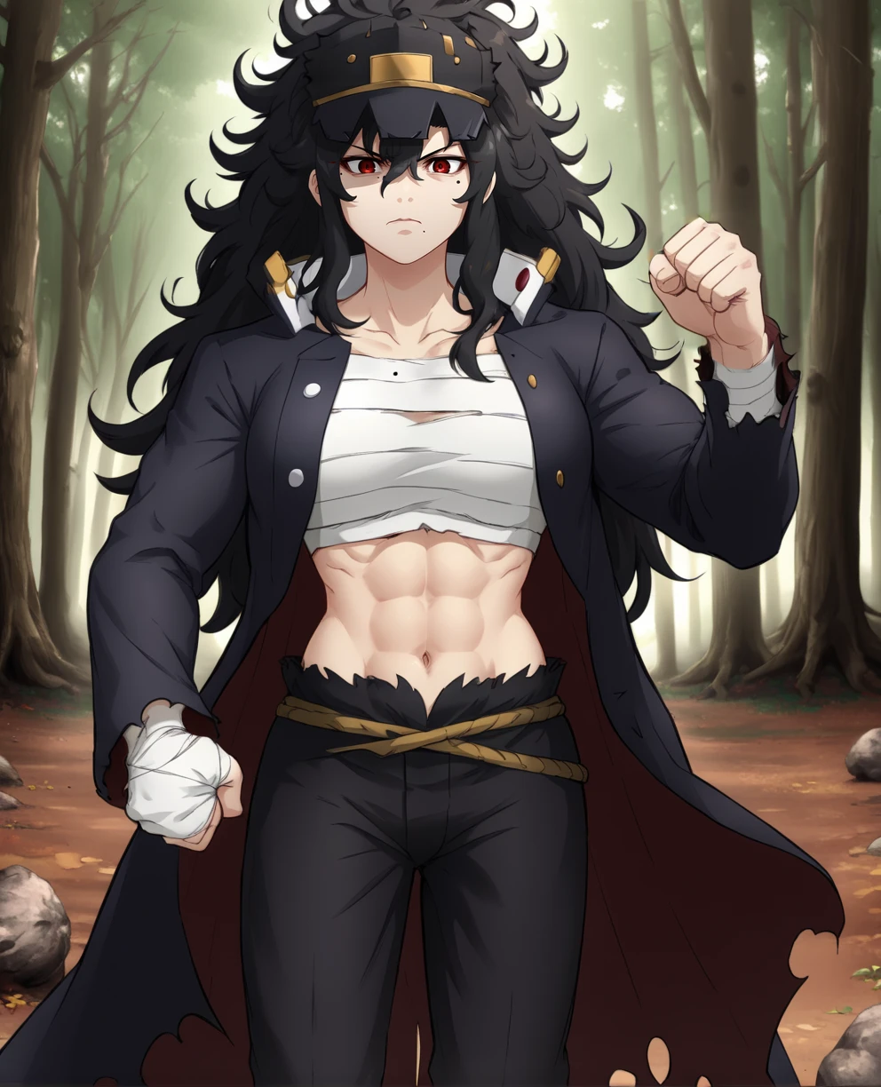 Daidouji,black long hair,messy hair,mole under eye,red eyes,clenched hand,
hat,white sarashi,black coat,hand bandages,black pants,long sleeves,gold crossed belts,navel,
standing,
woods,
<lora:Daidouji157:0.8>,