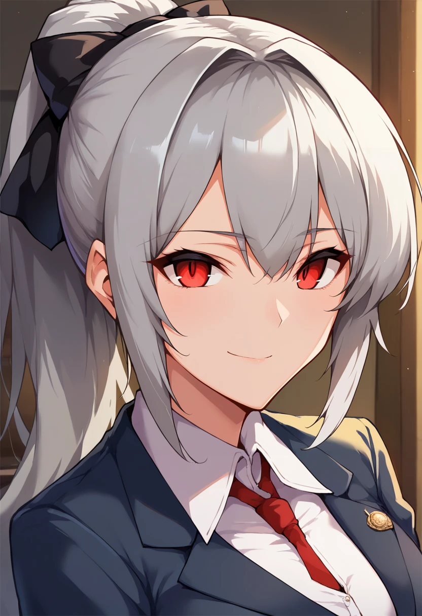 score_9, score_8_up, score_7_up, source_anime, 1girl,red eyes,smile, room, wariza, ponytail,grey hair, portrait, blazer, <lora:Ore-halcon-Style-PonyXL-000034:1>