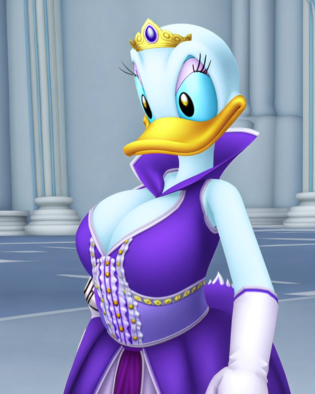 <lora:last:0.9> duck, daisy_duck, anthro, (huge breasts), sleeveless, tiara, crown, solo, bird, gloves, beak, dress, purple dress