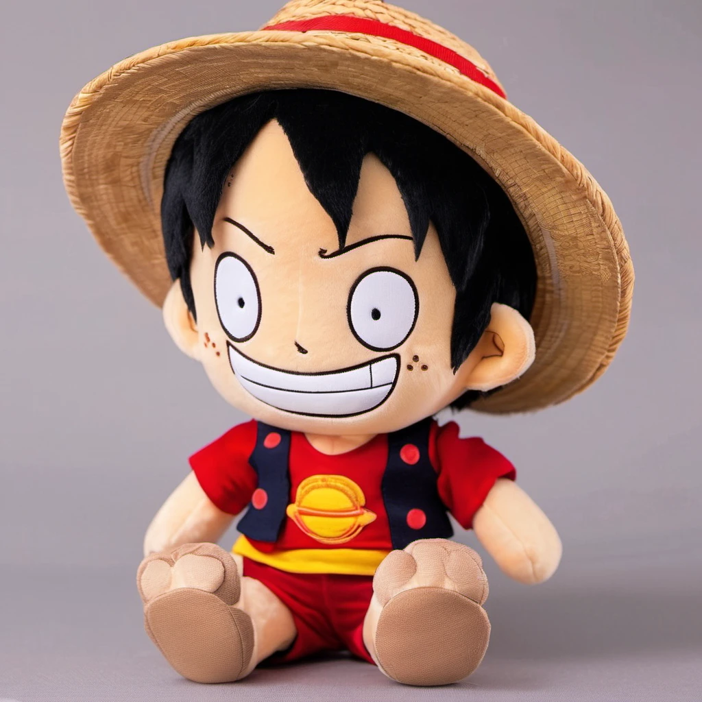 <lora:stuffed-toy_XL:1>,stuffed-toy, 1boy, monkey d. luffy, solo, male focus, straw hat with red edge, black hair, sandals, shorts, open mouth, smile, simple background, scar, black eyes,red background