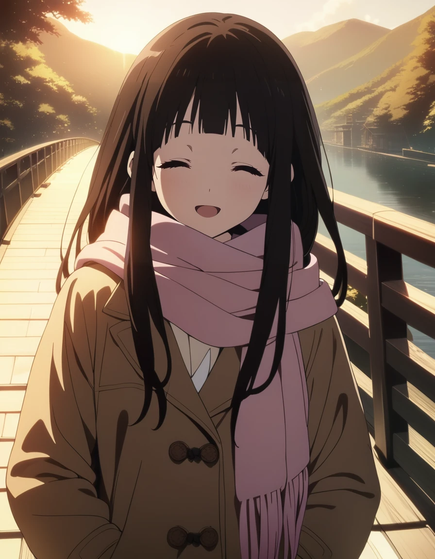 1girl,
<lora:chitandaeruXL1:0.8>,chitandaeru,
long hair, black hair, purple eyes,
pink scarf,coat,
smile,
closed eyes,
open mouth,
bridge,
evening sun,
cinematic angle,
masterpiece, best quality, ultra detailed, highres,4k,(ultra-detailed:1.4) (illustration:0.5), (ray tracing,:0.8),(anime colored:0.7),(ai-generated:0.5), (anime screencap:1.2),