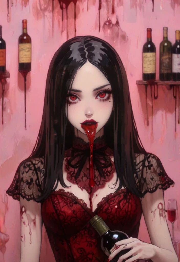 nightmare before christmas melting drip creepy woman with red lipstick, wearing a pastel lace dress holding up a wine bottle pouring dark burgundy liquid into a human heart, in front of a pink wall, her face is covered in the style of the wine bottle stopper that has an eye painted on it. shintaro kago, neon pink light