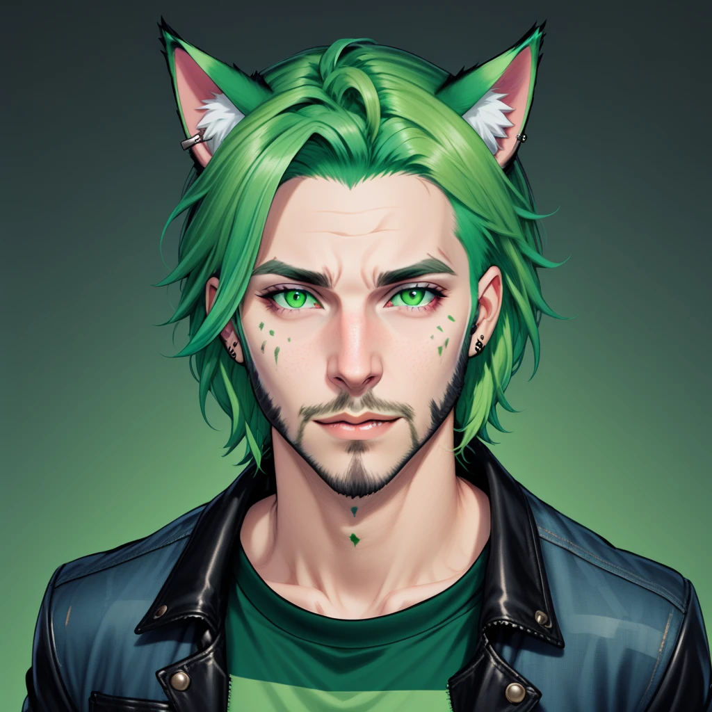 Hellaine Style, solo, looking at viewer, shirt, 1boy, animal ears, jacket, upper body, male focus, green hair, cat ears, facial hair, piercing, ear piercing, beard, cropped torso, stubble