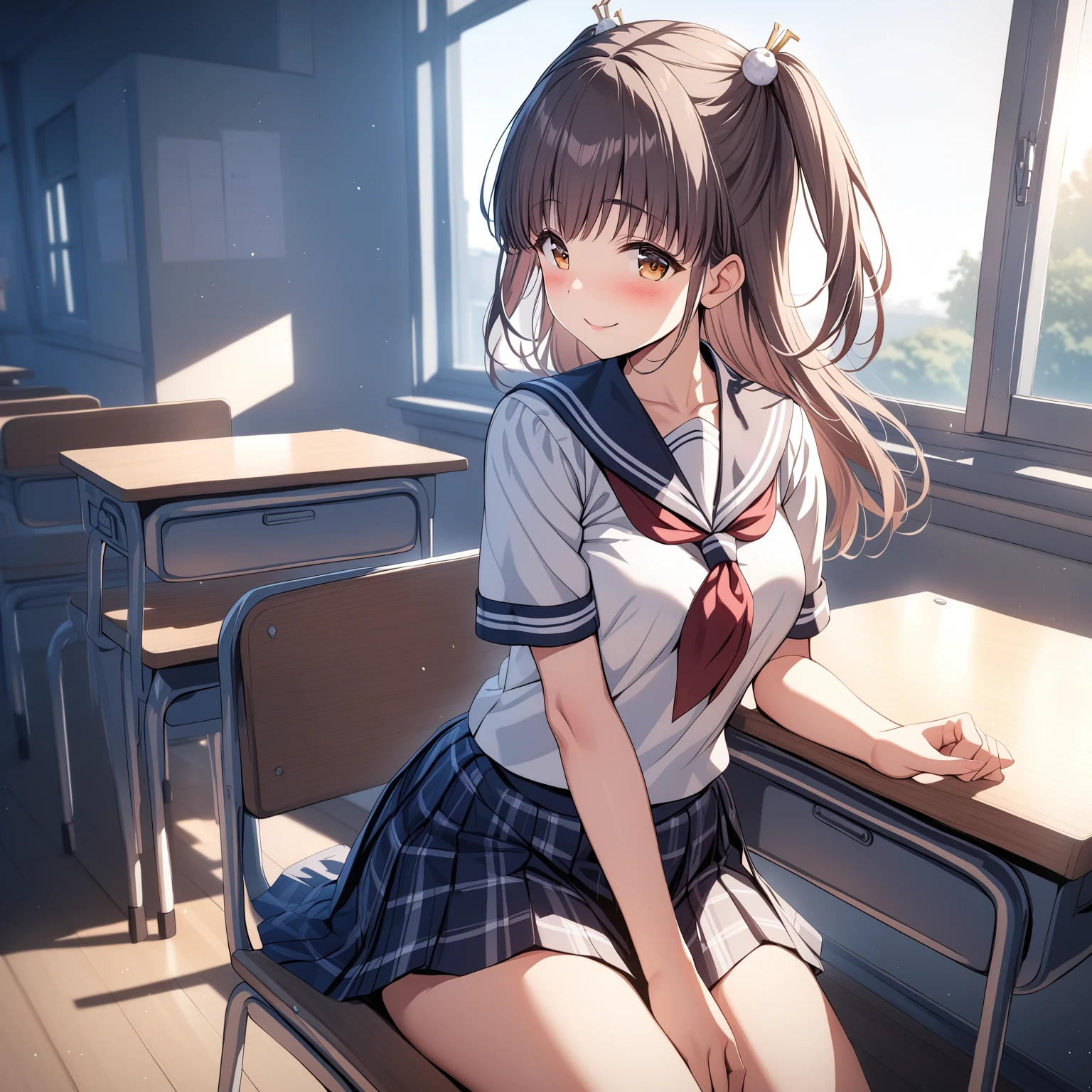 [high quality, best quality], [cinematic], 1girl, solo, suzumura yu, hair ornament, school uniform, sitting on desk, smile, blush, classroom, [bloom, hdr], <lora:yu:0.75>