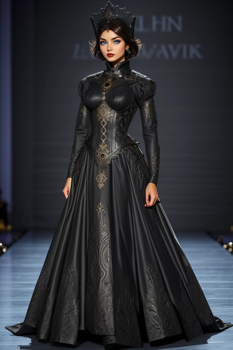 full body, woman, brown hair, HUD_Evl_Qn, long black dress, headdress, high collar, neckpiece, laser cut, intricate carved corset, long sleeves, boots, makeup, lipstick, <lora:Fairy_Tale_Dress_2__evil_queen-000008:0.6>, black sands beach background