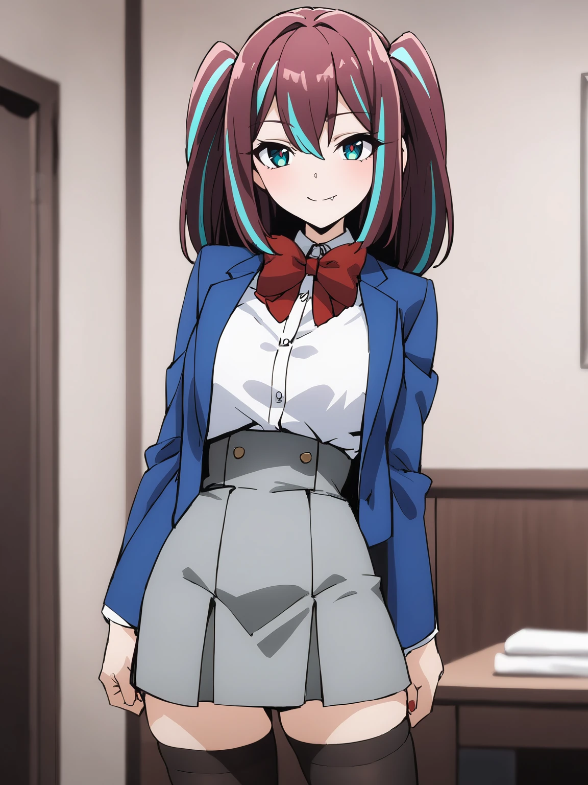 masterpiece, best quality, akoya matama, 1girl, solo, blue jacket, red bowtie, white shirt, long sleeves, grey skirt, black thighhighs, fang, <lora:akoya_matama-animagine-v1:0.8>
looking at viewer, cowboy shot, indoors, depth of field, smile,