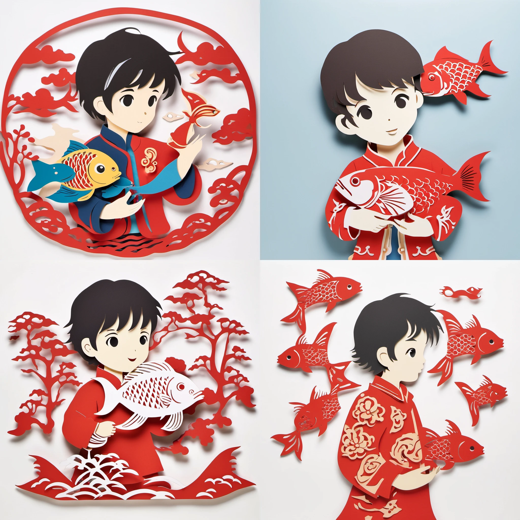 paper-cut,fish, solo, holding animal, 1boy, long sleeves, profile, black hair, male focus, short hair, red jacket, holding, animal, child, jacket, traditional media, black eyes, upper body, male child, red shirt, branch, goldfish, cowboy shot, white background<lora:paper-cut:1>,