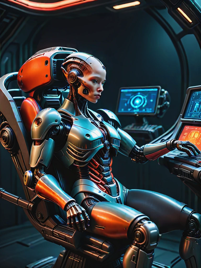 technoir, from side, damaged cyborg, starcraft cockpit screens, glowing, mechanical parts, screen, black theme, red orange theme <lora:Tech_Noir:1>, pilot chair
